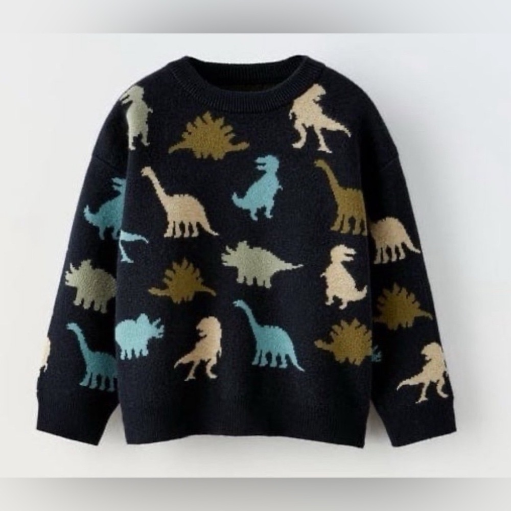 NWT Zara kids knit Dino dinosaur sweater crewneck multi trex 12-18